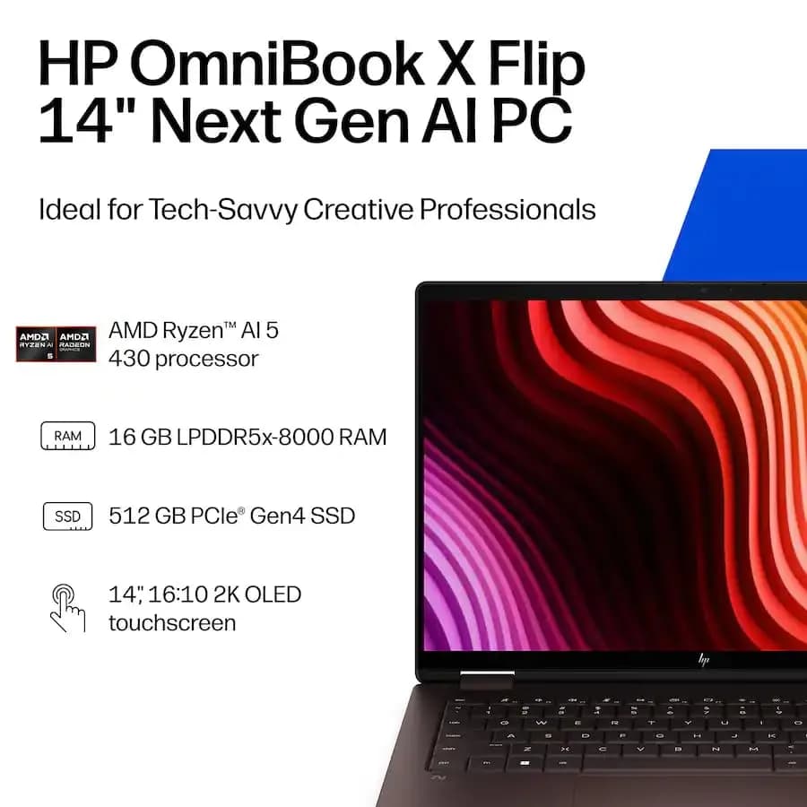 HP OmniBook X Flip 2-in-1 AI Laptop 14" 2K OLED Touchscreen | AMD Ryzen AI 5 430, 16GB LPDDR5X, 512GB SSD, Wi-Fi 7, Win11 thumbnail 3