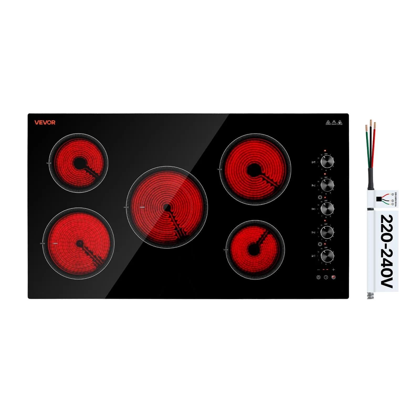 VEVOR 12-inch Built-in Electric Ceramic Cooktop 3000W | 220V Compatible with 11 Heat Levels — 36 IN-5 Burner+Knob Control