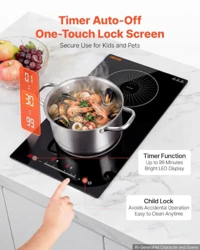 VEVOR 12In 2 Burner Induction Cooktop | 9 Power Levels, Built-in & Countertop, 220V, Easy-Clean Ceramic Glass thumbnail 6