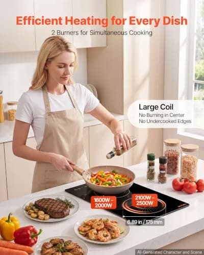 VEVOR 12In 2 Burner Induction Cooktop | 9 Power Levels, Built-in & Countertop, 220V, Easy-Clean Ceramic Glass thumbnail 2