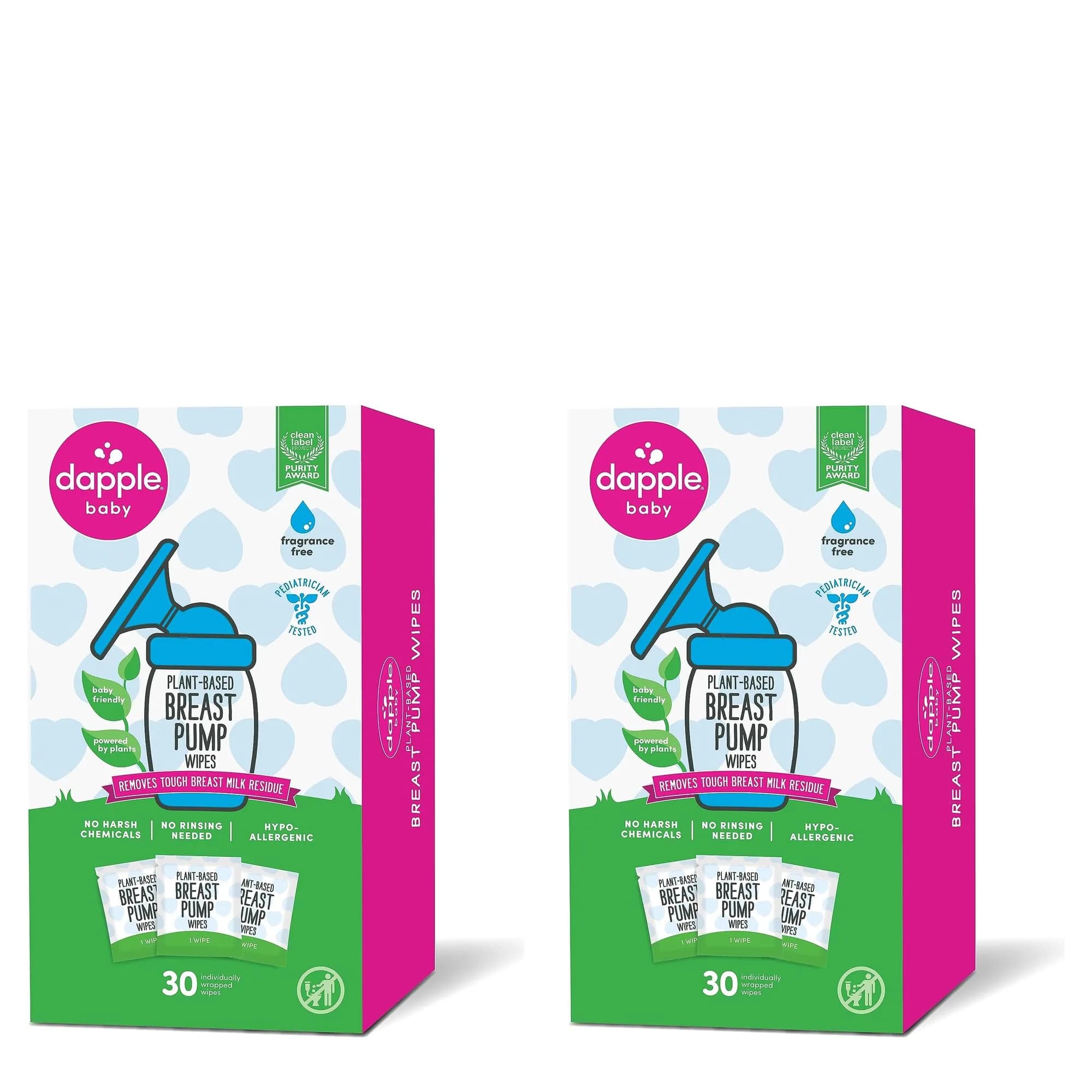 Dapple Baby Breast Pump Wipes Singles 60 Count (2x30) | Hypoallergenic & Plant-Powered for On-the-Go Cleaning