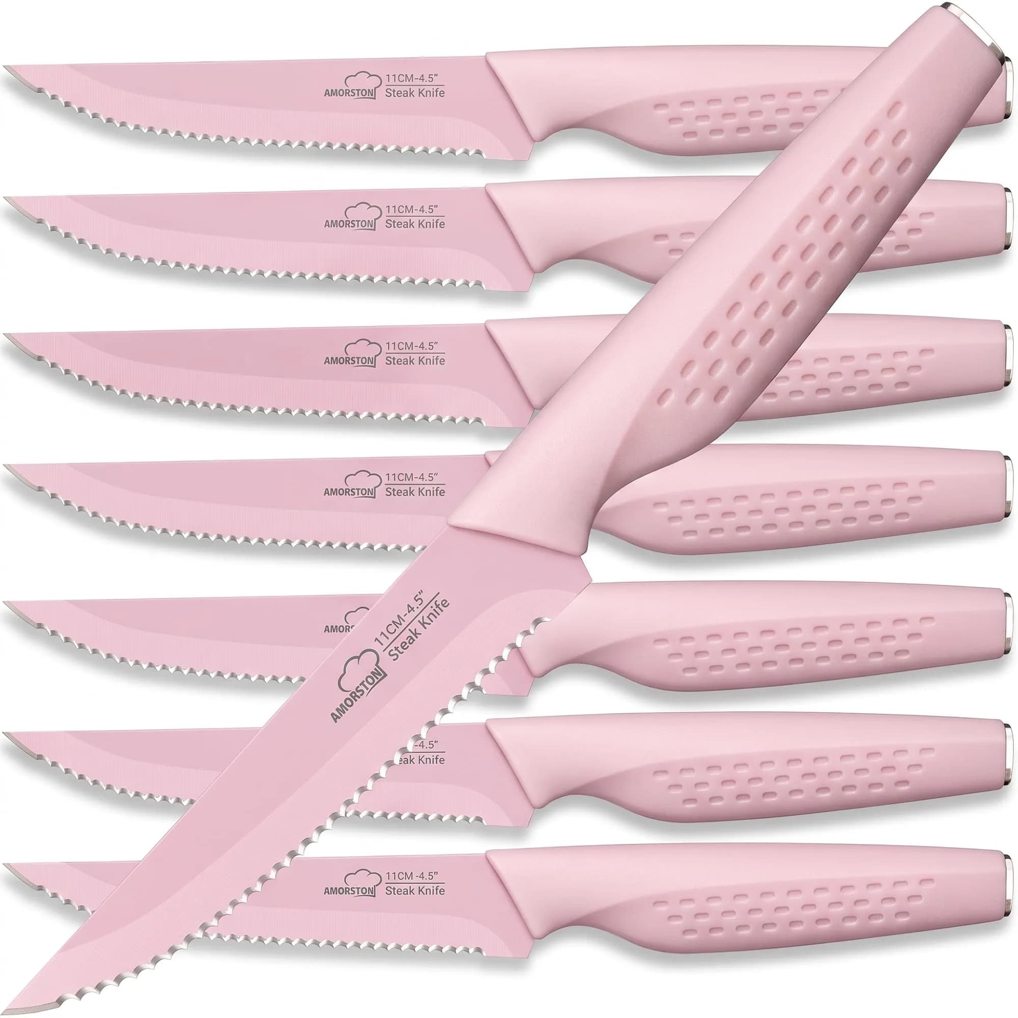 Amorston Steak Knives Set of 8, Serrated High Carbon Stainless Steel Blades 20.3 cm (8 inches) | Dishwasher Safe Black Kitchen Knives — Pink