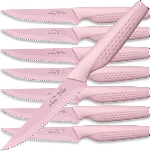 Amorston Steak Knives Set of 8 Pink Serrated Stainless Steel Knives | 8-Inch Blade, Dishwasher Safe thumbnail 1
