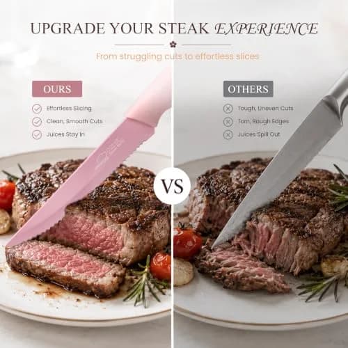 Amorston Steak Knives Set of 8 Pink Serrated Stainless Steel Knives | 8-Inch Blade, Dishwasher Safe thumbnail 5