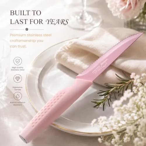 Amorston Steak Knives Set of 8 Pink Serrated Stainless Steel Knives | 8-Inch Blade, Dishwasher Safe thumbnail 3