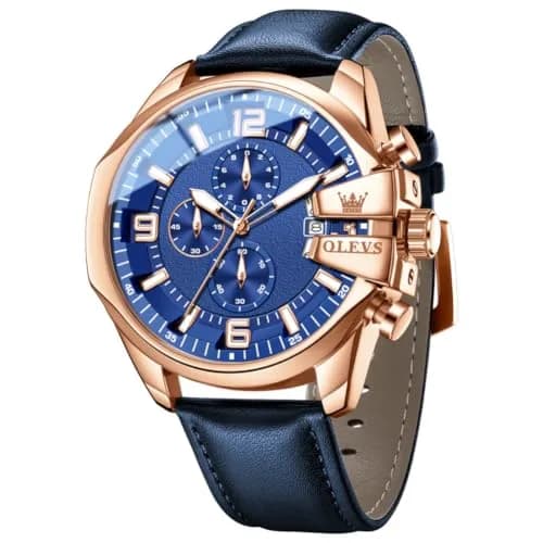 OLEVS Men's 47mm Quartz Chronograph Watch, Blue Dial, Blue Leather Strap | Oversized 47mm Dial, Water-Resistant, Classic Style thumbnail 1