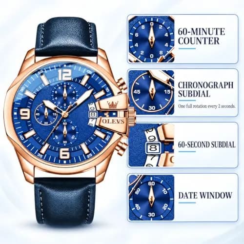 OLEVS Men's 47mm Quartz Chronograph Watch, Blue Dial, Blue Leather Strap | Oversized 47mm Dial, Water-Resistant, Classic Style thumbnail 6