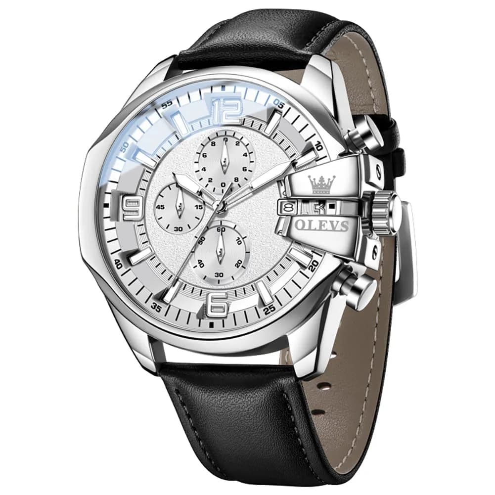 OLEVS Men's 47mm Quartz Chronograph Watch, Blue Dial, Blue Leather Strap | Oversized 47mm Dial, Water-Resistant, Classic Style — Black White