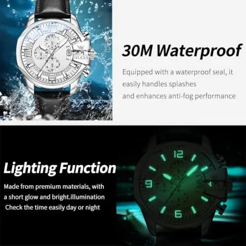 OLEVS Men's 47mm Quartz Chronograph Watch, White Dial, Black Leather Strap | Bold Oversized Design thumbnail 5