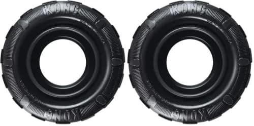 KONG Extreme Tires Dog Toy Most Durable Natural Rubber Chew & Fetch Toy with Treat Dispenser, Pack of 2, 11.4 cm (4.5" x 4.5") thumbnail 1