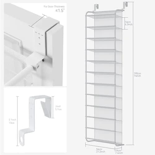 Whitmor 12-Tier Over the Door Shoe Rack, 74" H x 21.7" W x 7.5" D | Holds 36 Pairs of Shoes thumbnail 2