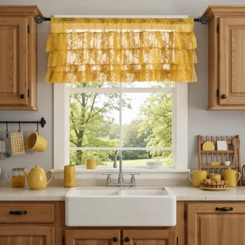 Kotile Mustard Yellow Lace Ruffled Valance for Windows W52xL18 Inch | Vintage Cottage Charm thumbnail 2