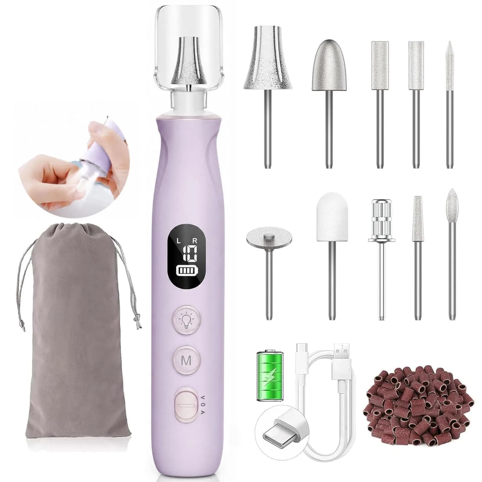 HSKAI Professional Electric Nail File Drill 50-Piece Set | Cordless Rechargeable with LED Display — Cloud Purple