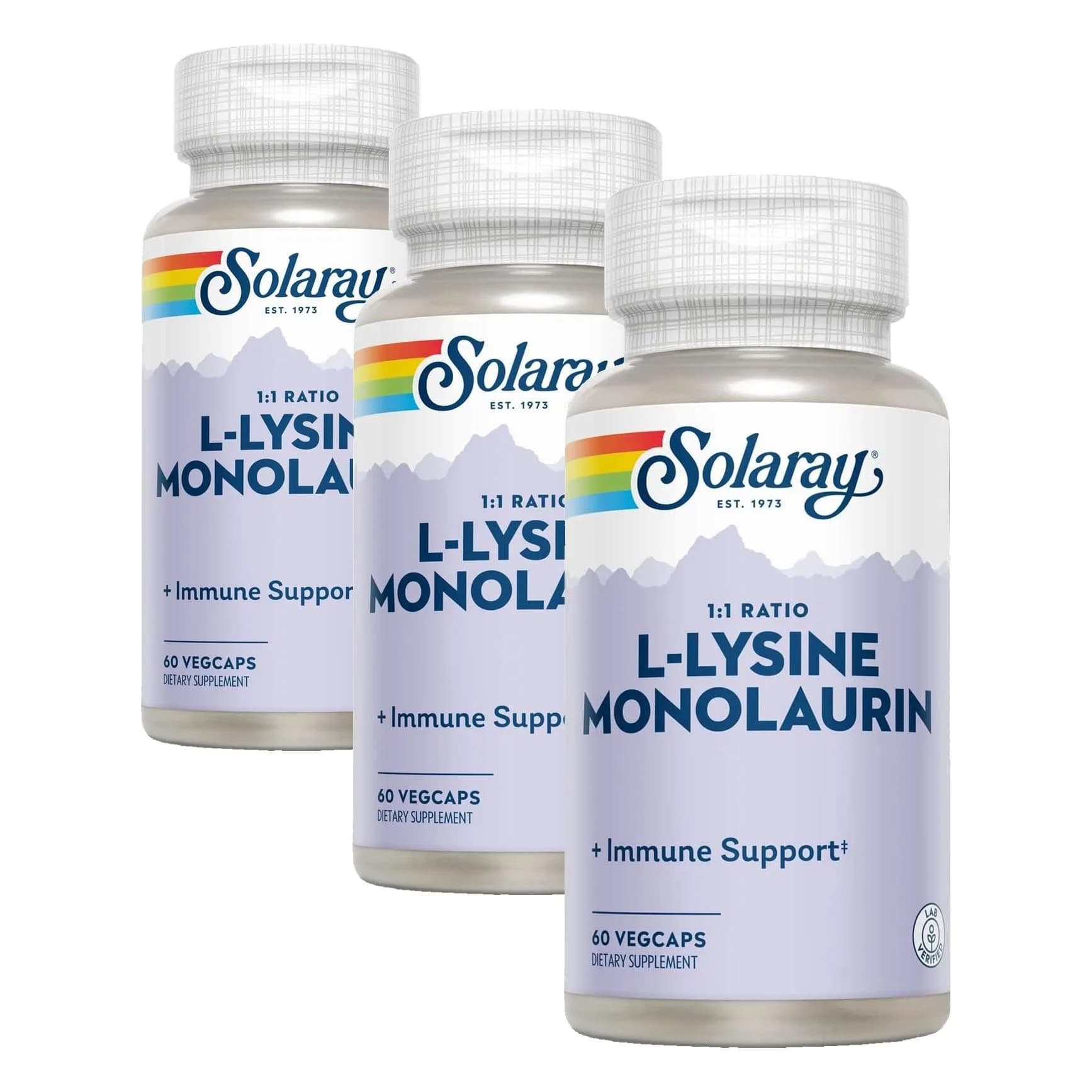 SOLARAY L-Lysine Monolaurin Immune Support Supplement 500 mg Each, 180 VegCaps (Pack of 3) | Immune System Support — Capsule