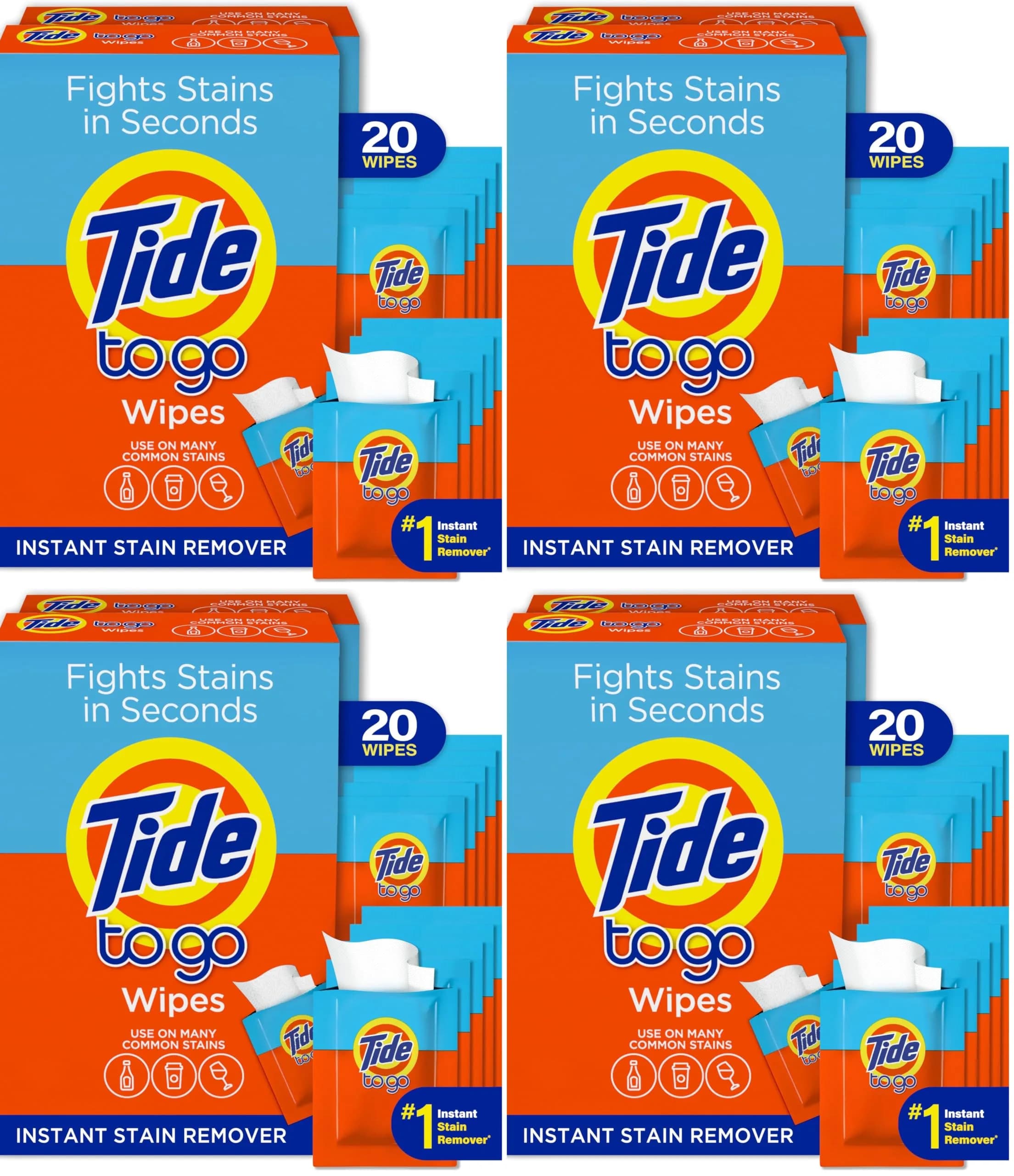 Tide To Go Wipes Instant Stain Remover 80 Count (20 Wipes x 4 Packs) | Fights Stains on Most Fabrics