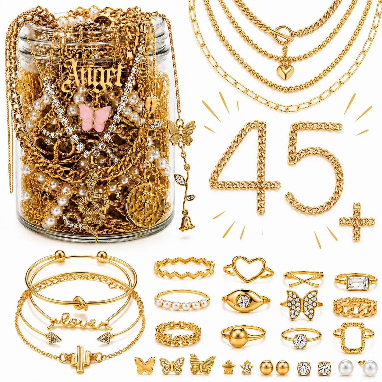 JYSO Mystery Jewelry Jar Bundle 65+ Pieces | Gold Jewelry Set for Women & Teens — Gold - Love Mini