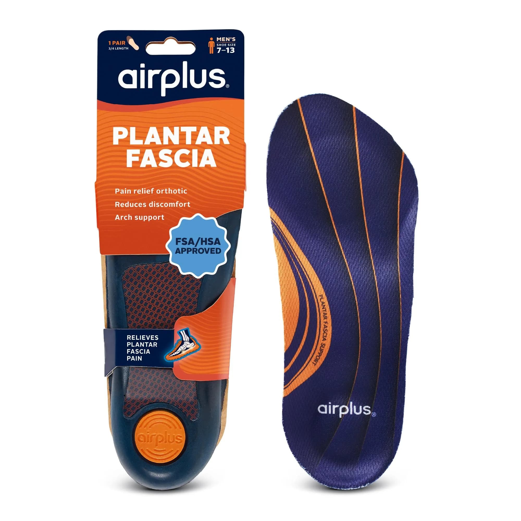 Airplus Plantar Fasciitis Orthotic 3/4 Length Shoe Insole - Men's 7-12 (22.5cm L x 8.7cm W x 1.9cm H) | APMA Certified for Foot Health — 블루.