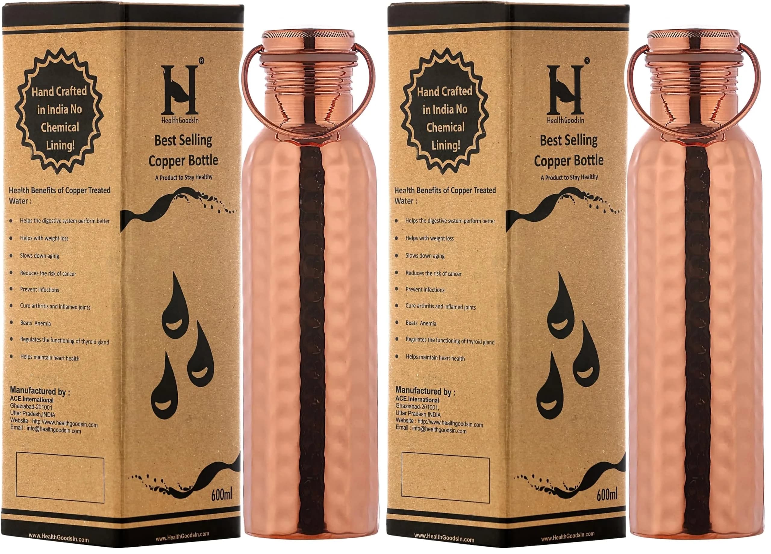 HealthGoodsIn Copper Water Bottle 600ml | Seamless Leakproof Copper Vessel for Ayurvedic Benefits — Copper