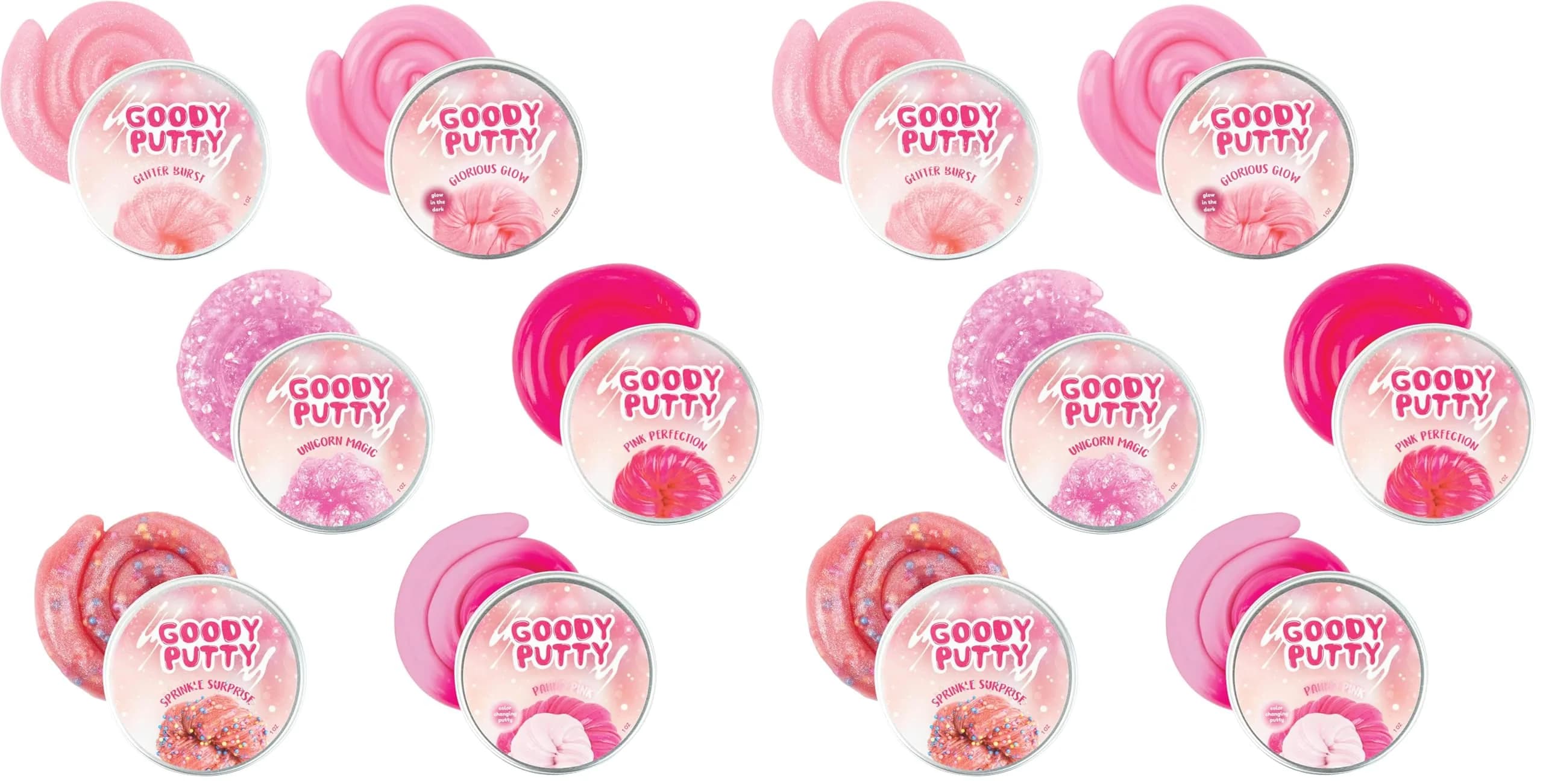 Goody Putty Pink Toy Slime Set | 12 Tins (355ml / 1.1lb) | Non-Toxic, Glow-in-the-Dark, Color-Changing - main product image