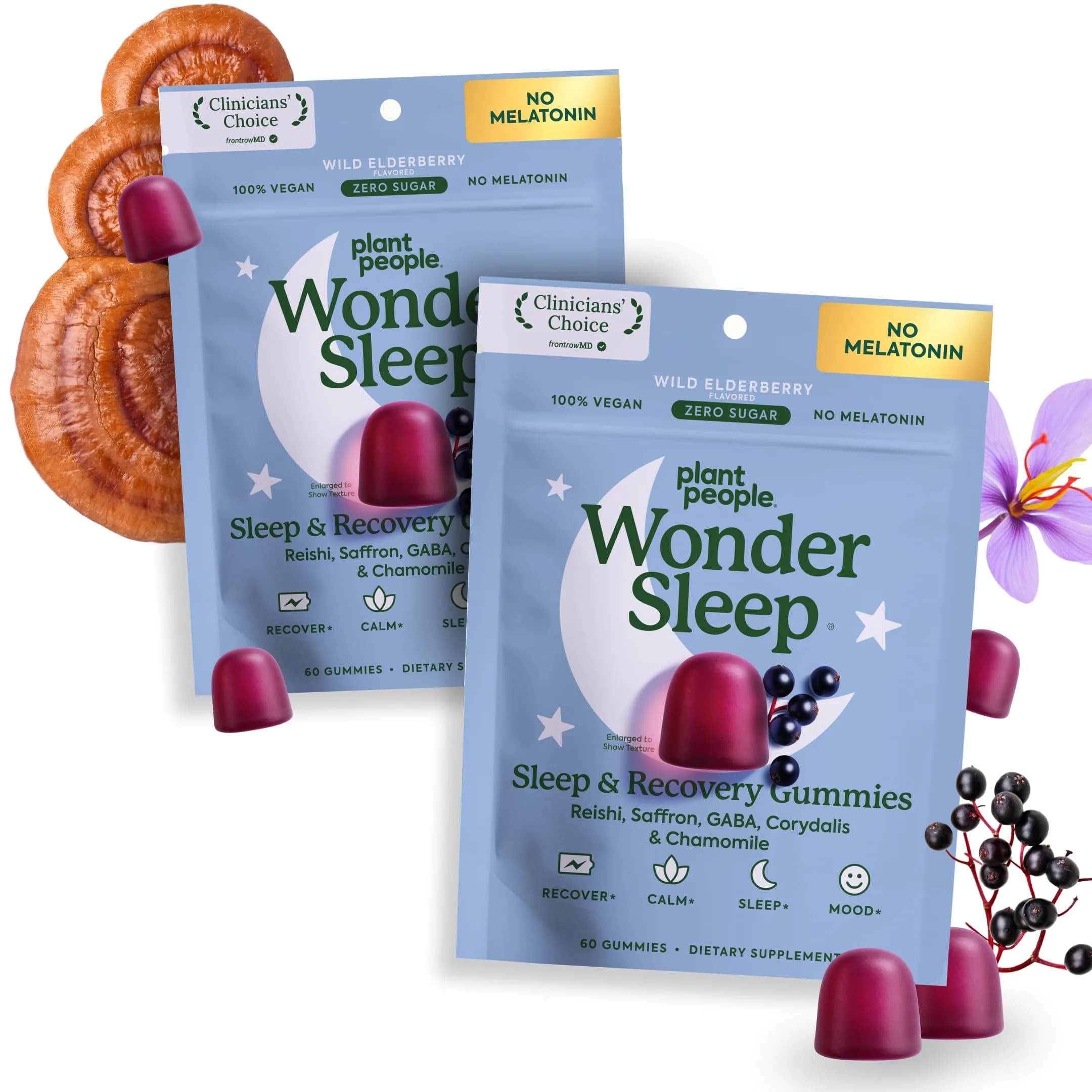 Plant People WonderSleep - 2 Pack | Melatonin-Free Mushroom & Herbal Gummies for Rest