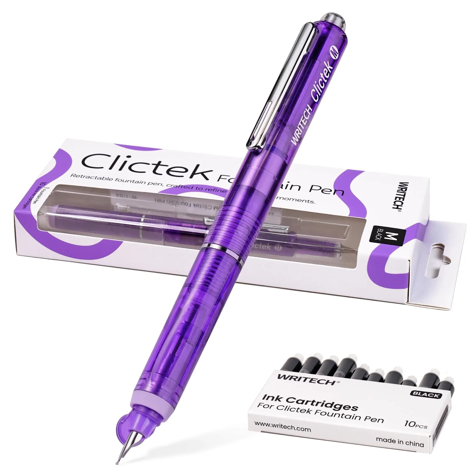WRITECH Clictek Retractable Fountain Pen Set: Blue Ink Medium Nib, Transparent Barrel, 5 Ink Cartridges | Smooth Writing, No Leaking — Purple-Black Ink