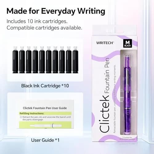 WRITECH Clictek Retractable Fountain Pen Medium Nib Black Ink, 10 Cartridges | Smooth Writing for Students & Professionals thumbnail 5