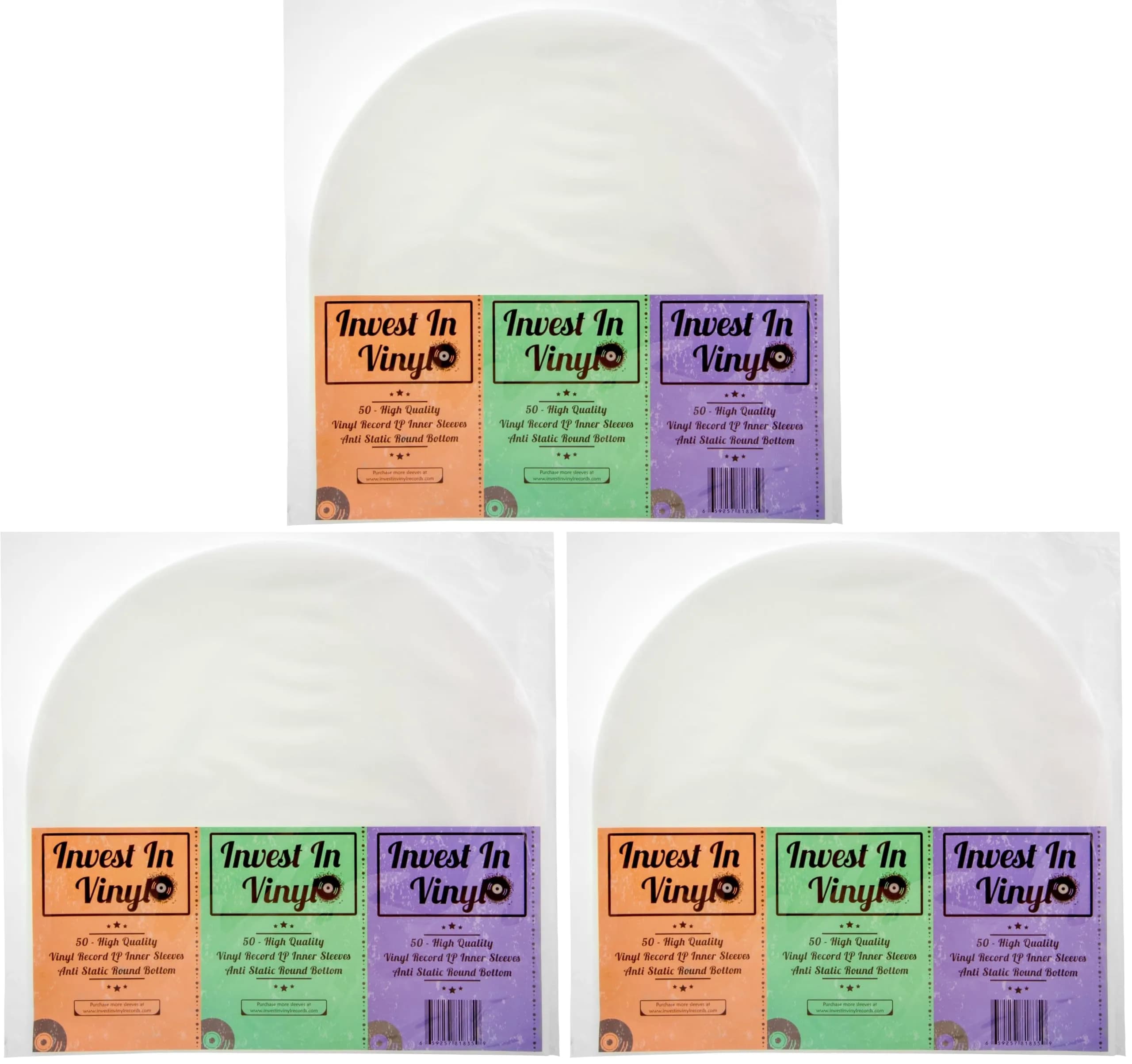 Invest In Vinyl Anti Static Round Bottom LP Inner Sleeves 12" (50 Pack) | Protects Vinyl from Scratches & Dust — White