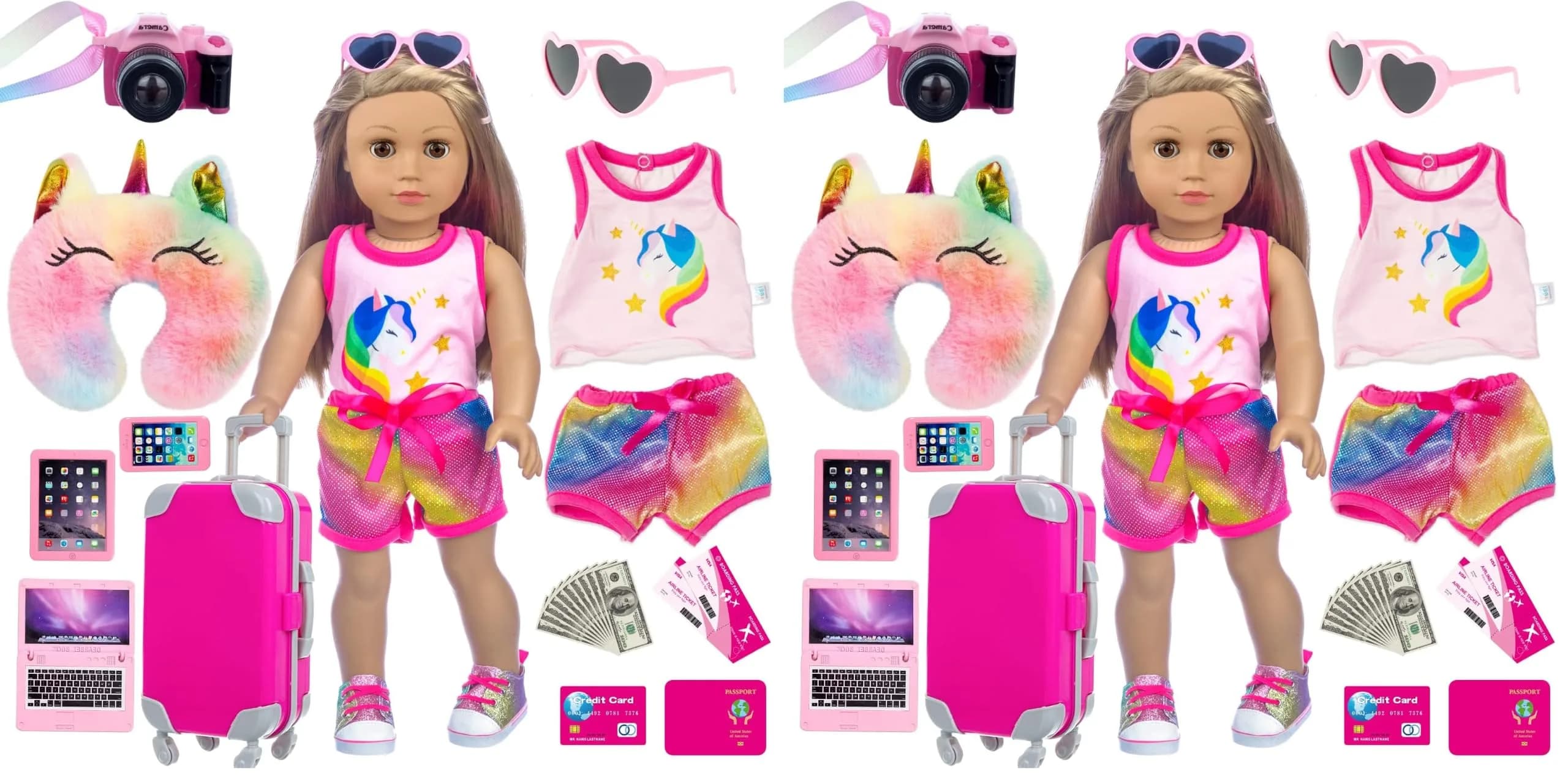 XFEYUE 18 Inch Doll Travel Gear Play Set with 23 Pcs Accessories (Pack of 2) | Non-Toxic Plastic