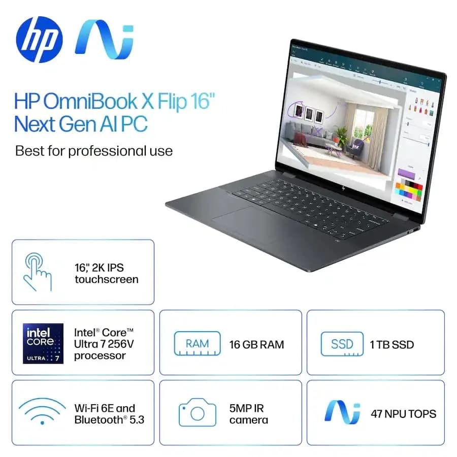 HP OmniBook X Flip 2-in-1 Laptop 16GB LPDDR5 RAM 1TB SSD | AI-Accelerated Creativity & Versatility thumbnail 9