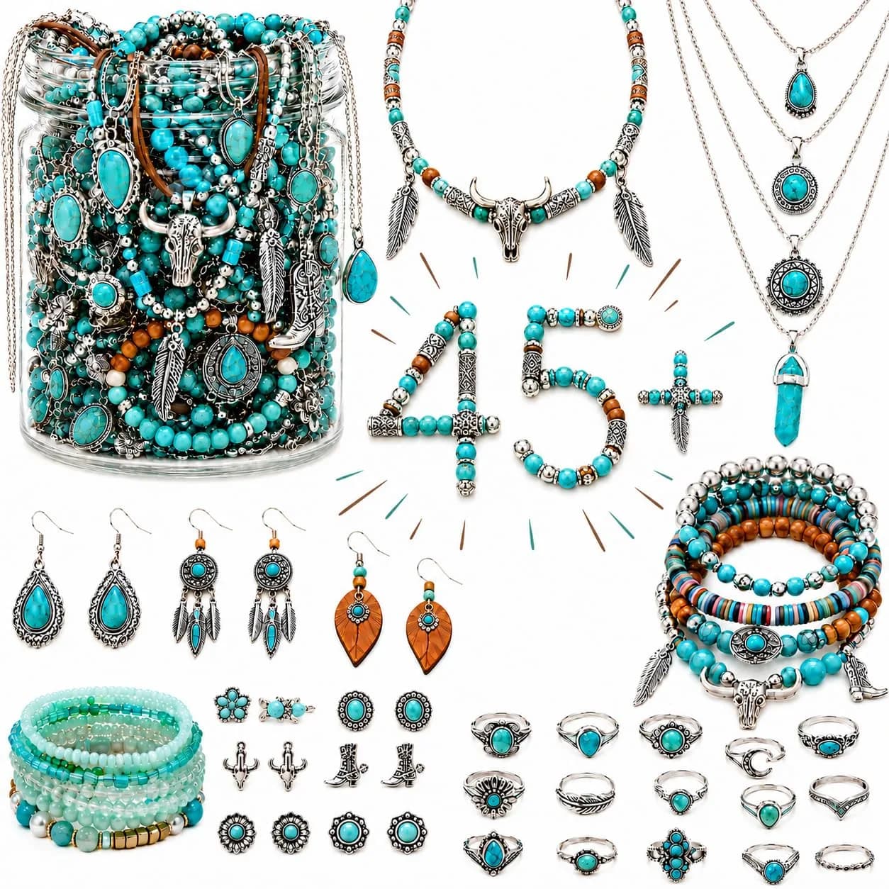 JYSO Mystery Jewelry Jar Bundle 65+ Pieces | Gold Jewelry Set for Women & Teens — Turquoise - Boho