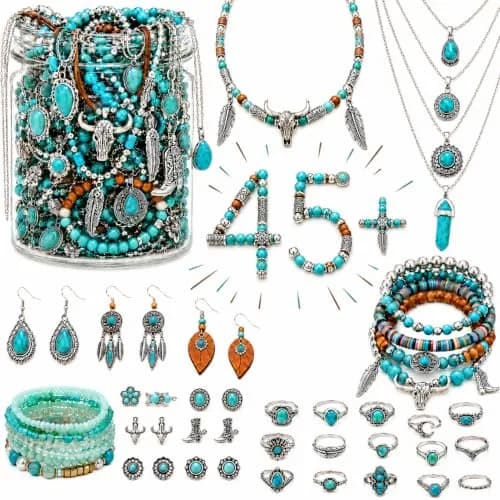 JYSO Mystery Jewelry Jar Bundle – 45+ Piece Turquoise Boho Western Jewelry Set for Women | 11.9"x2.87"x5.98" (30.2cm x 7.3cm x 15.2cm) thumbnail 1