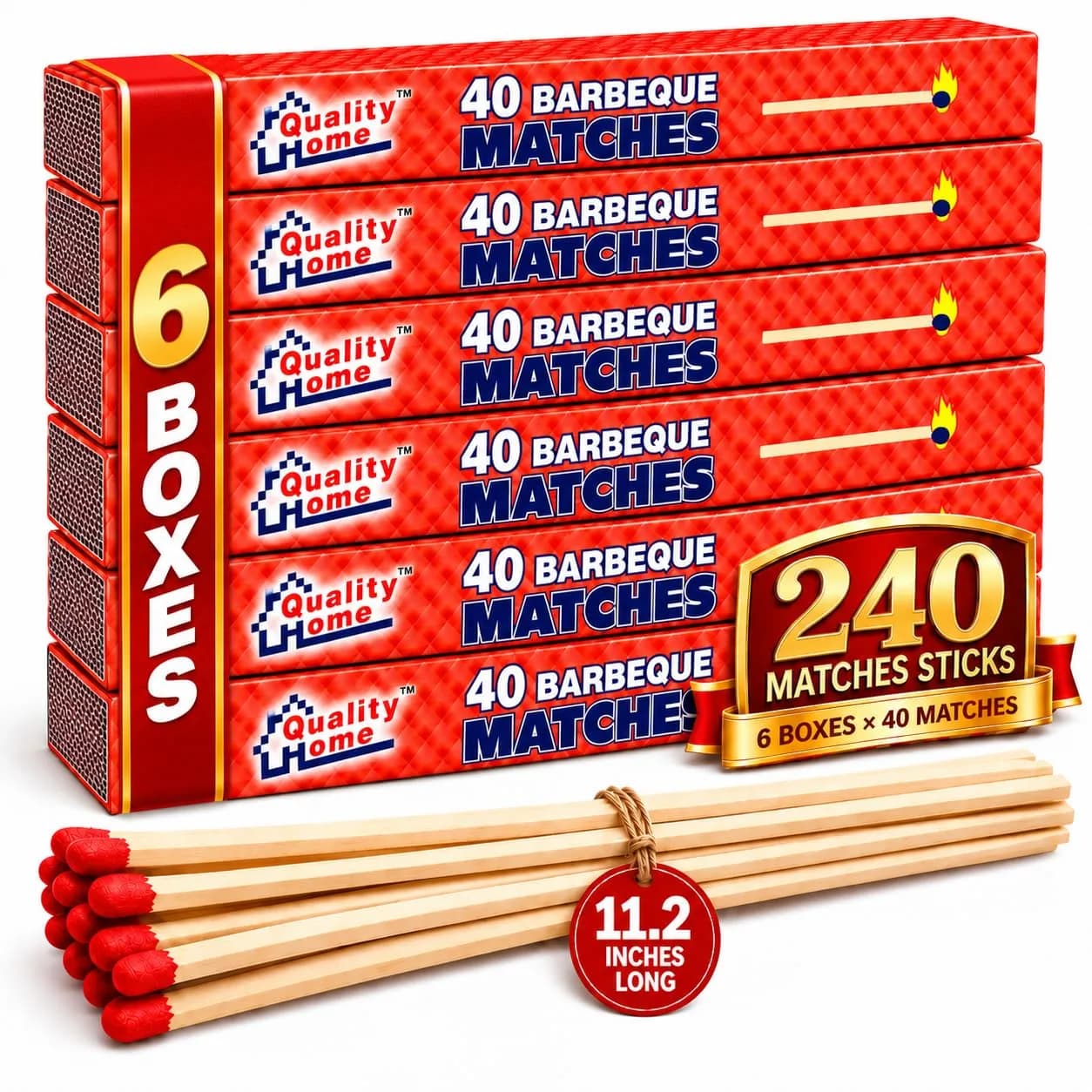 Quality Home 11.2" Extra Long Wooden Safety Matches | Long Reach Fireplace & BBQ (6 Pack)