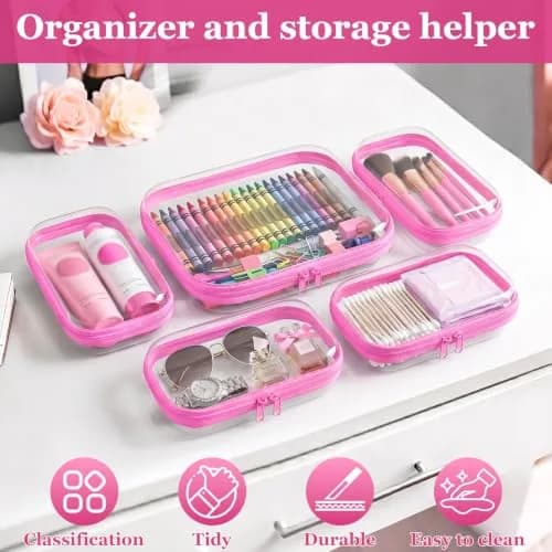 CarryEpic Clear Hard Shell Zipper Cases (5 Packs) | 4 Small, 1 Medium, Pink thumbnail 5