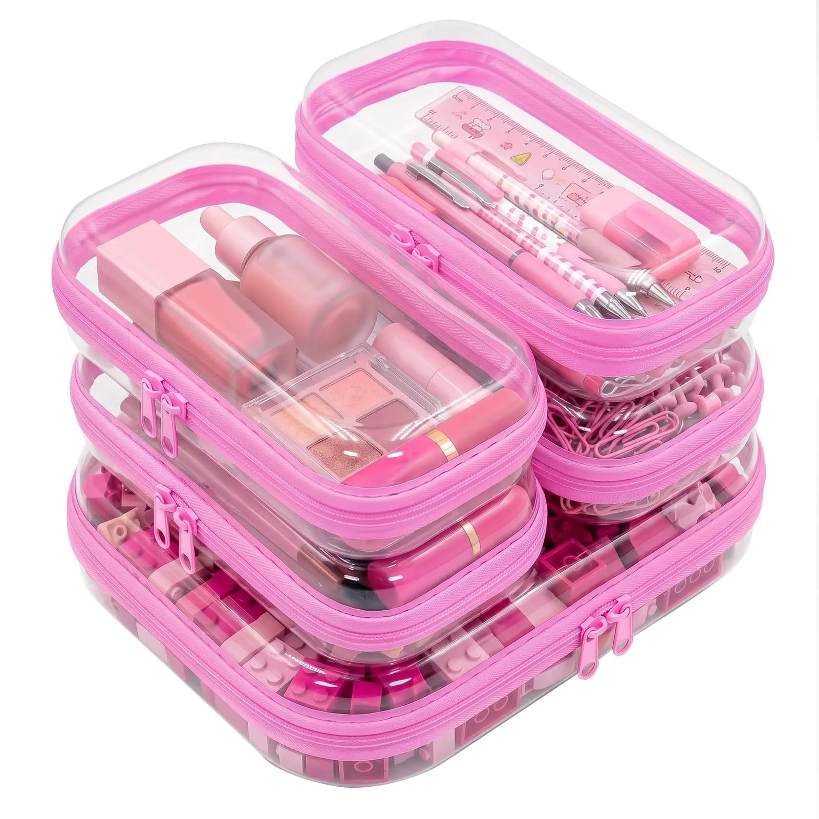 CarryEpic Clear Hard Shell Zipper Cases (5 Packs) | 4 Small, 1 Medium, Pink - main product image