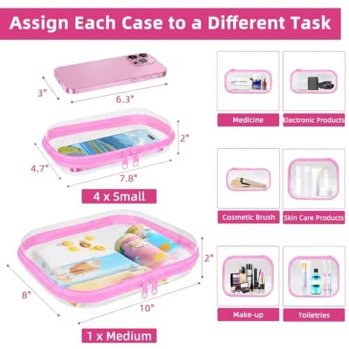 CarryEpic Clear Hard Shell Zipper Cases (5 Packs) | 4 Small, 1 Medium, Pink thumbnail 2