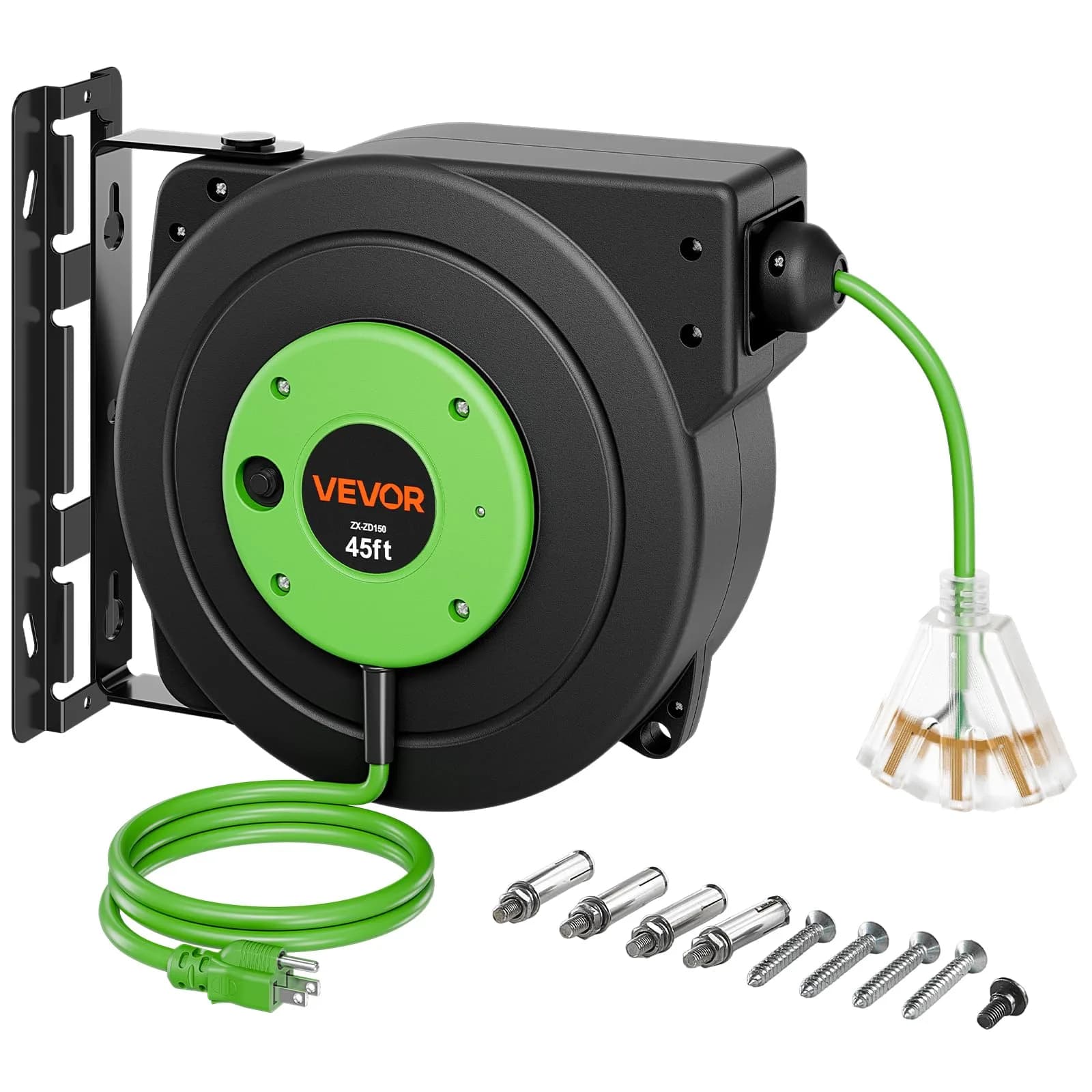 VEVOR Retractable Extension Cord Reel 25FT Heavy Duty 14AWG/3C SJTOW Blue | Durable Wall Mount Power Reel with 25 ft Cord — Green