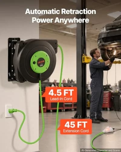VEVOR Retractable Extension Cord Reel 45FT (13.7m) Heavy Duty 12AWG/3C SJTOW Green | Mountable Power Cord Reel for Garages & Workshops thumbnail 2