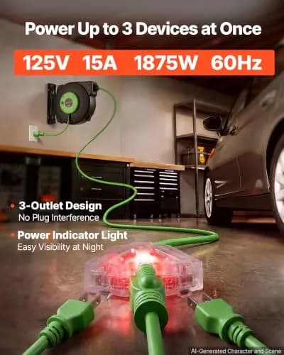 VEVOR Retractable Extension Cord Reel 45FT (13.7m) Heavy Duty 12AWG/3C SJTOW Green | Mountable Power Cord Reel for Garages & Workshops thumbnail 3