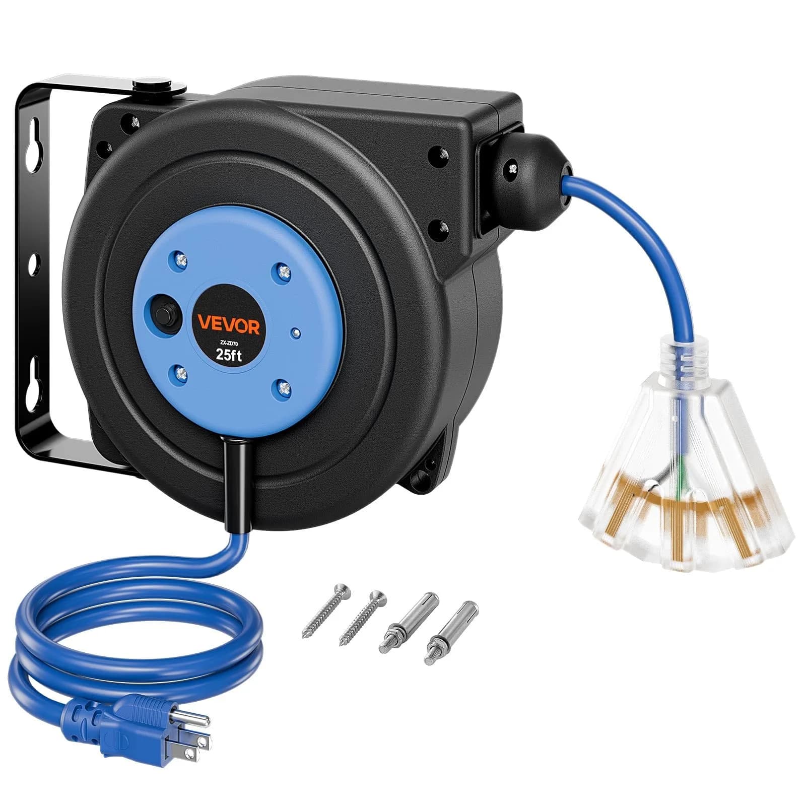 VEVOR Retractable Extension Cord Reel 25FT Heavy Duty 14AWG/3C SJTOW Blue | Durable Wall Mount Power Reel with 25 ft Cord - main product image