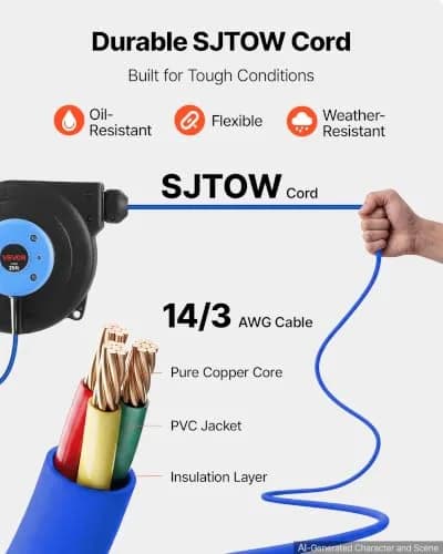VEVOR Retractable Extension Cord Reel 25FT Heavy Duty 14AWG/3C SJTOW Blue | Durable Wall Mount Power Reel with 25 ft Cord thumbnail 5