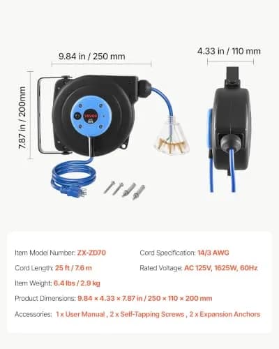 VEVOR Retractable Extension Cord Reel 25FT Heavy Duty 14AWG/3C SJTOW Blue | Durable Wall Mount Power Reel with 25 ft Cord thumbnail 7