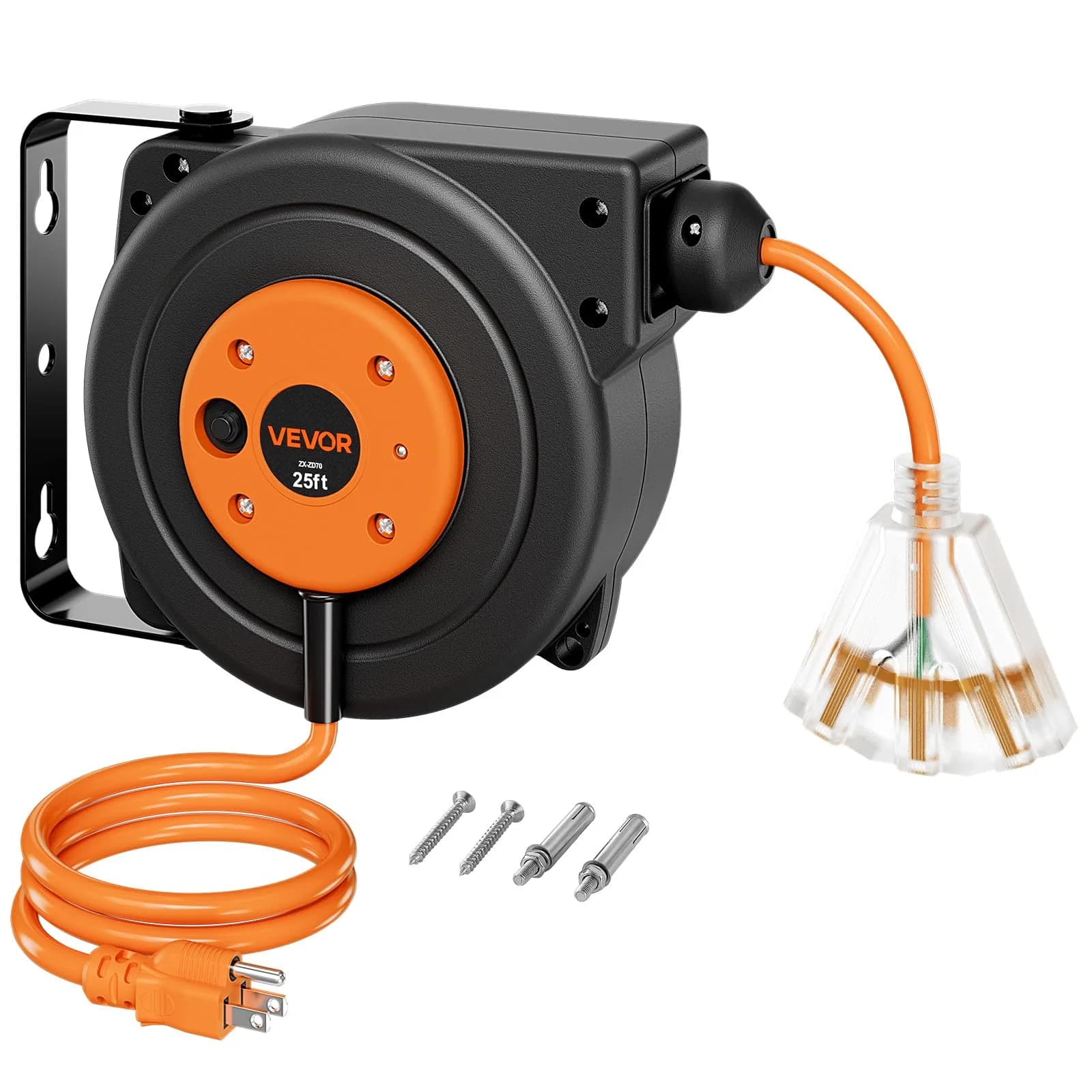 VEVOR Retractable Extension Cord Reel 25FT Heavy Duty 14AWG/3C SJTOW Blue | Durable Wall Mount Power Reel with 25 ft Cord — Orange / 25FT 14AWG