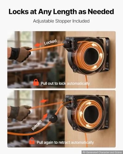 VEVOR Retractable Extension Cord Reel 25FT (7.6m) Heavy Duty 14AWG/3C SJTOW Orange | Mountable Power Outlet with Triple Tap thumbnail 4