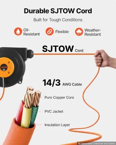 VEVOR Retractable Extension Cord Reel 25FT (7.6m) Heavy Duty 14AWG/3C SJTOW Orange | Mountable Power Outlet with Triple Tap thumbnail 5