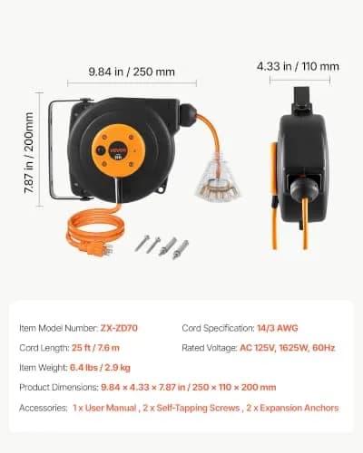 VEVOR Retractable Extension Cord Reel 25FT (7.6m) Heavy Duty 14AWG/3C SJTOW Orange | Mountable Power Outlet with Triple Tap thumbnail 7