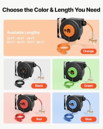 VEVOR Retractable Extension Cord Reel 25FT (7.6m) Heavy Duty 14AWG/3C SJTOW Orange | Mountable Power Outlet with Triple Tap thumbnail 8