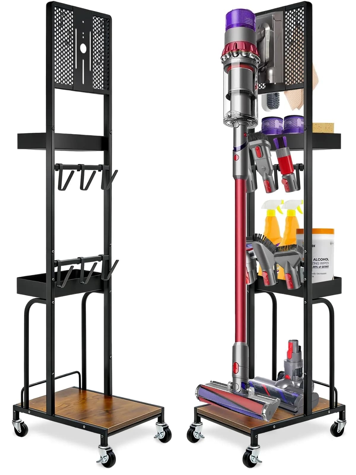 Haturi Freestanding Vacuum Stand for Dyson V16 Gen5 V15 V12 V11 V10 V8 V7 Cordless Cleaners | Black Metal with Wheels & Storage Baskets (55.11 inch Height) — Black