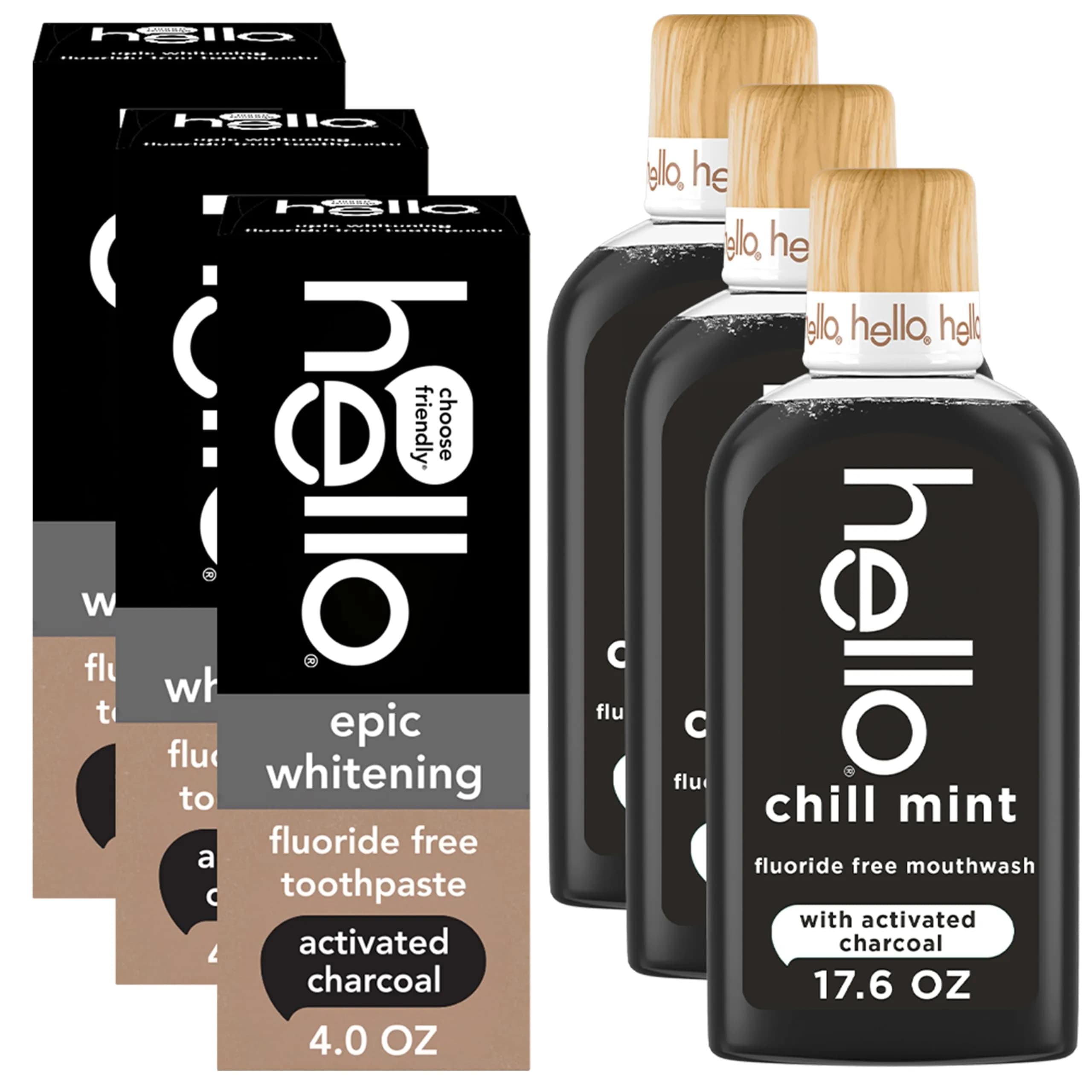 hello Epic Whitening Activated Charcoal Toothpaste & Chill Mint Mouthwash Bundle | 4 oz Toothpaste (3pk) & 17.6 Fl Oz Mouthwash (3pk)