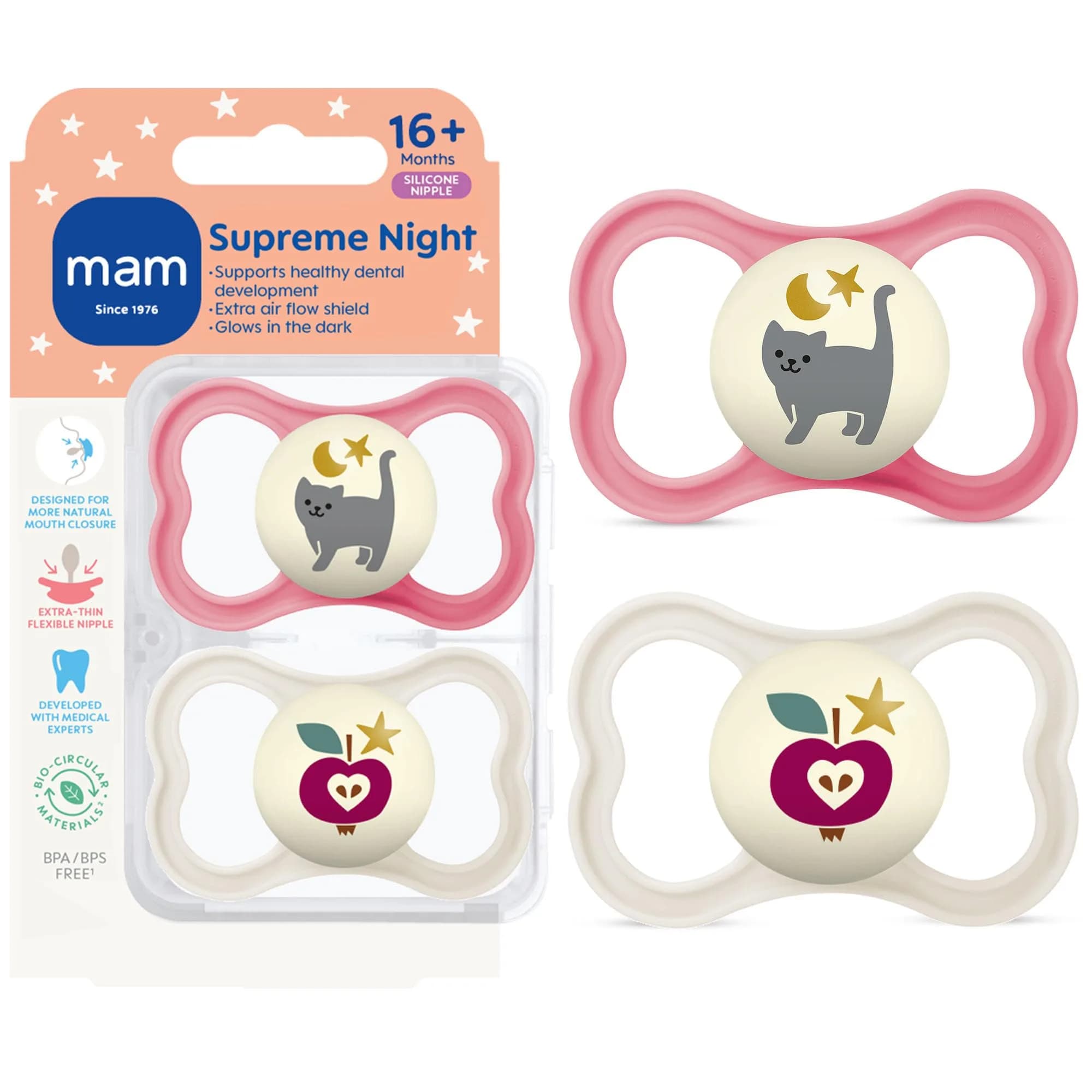 MAM Supreme Baby Pacifier 16+ Mths Glow-in-the-Dark 2-Pack | Developed with Orthodontists & Pediatric Dentists — אבק פיות/ורוד ורד