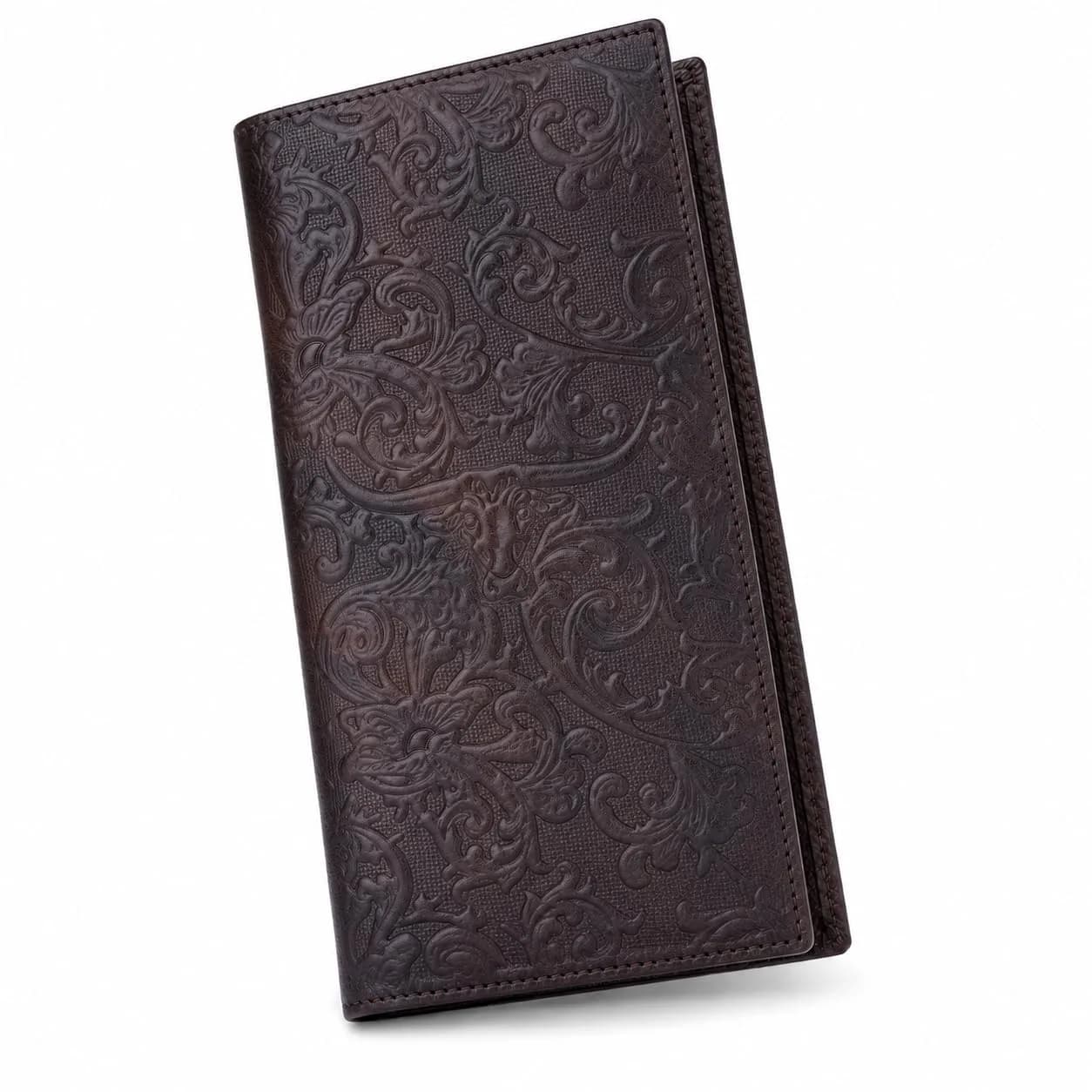 BISON DENIM Long Wallet for Men with AirTag Holder, RFID Leather Bifold | Slim, Organized, Genuine Cowhide — Brown-longhorns / Animals
